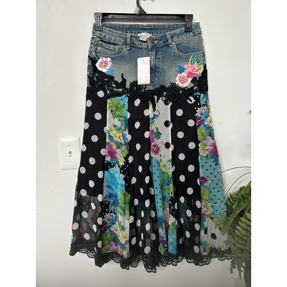 NWT Alberto Makali Silk Blend Denim Maxi Skirt Whimsigoth Boho Patchwork Sz 6